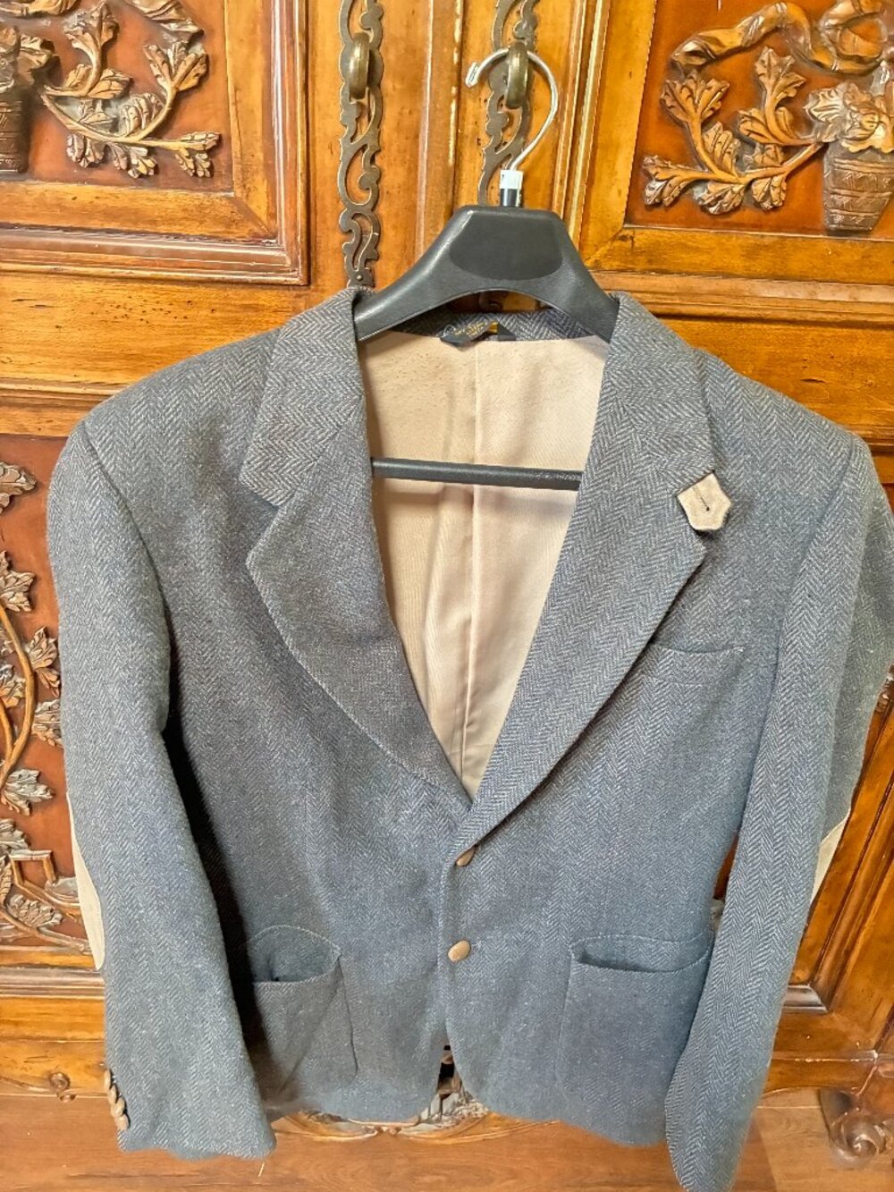 Farah Clothing Tweed Formal Wool Suede Elbow Patch Grey Blazer 40R Academia.